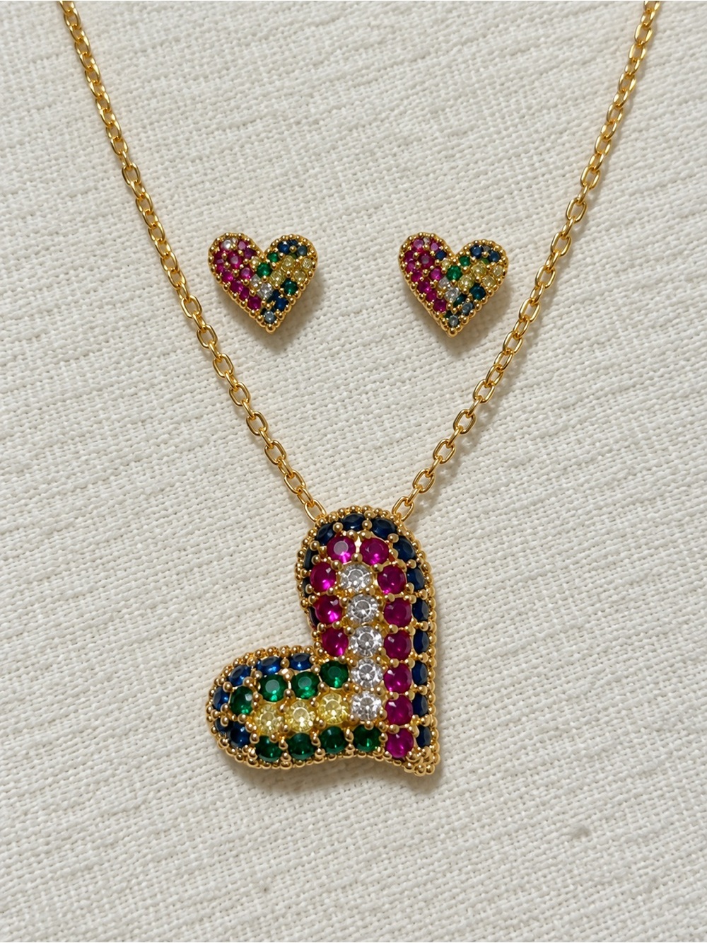 Gold Plated Multi-Color Heart Necklace & Stud Earrings Set